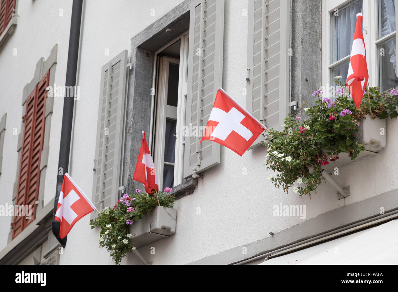 Windows mit schweizer Fahnen Stockfoto