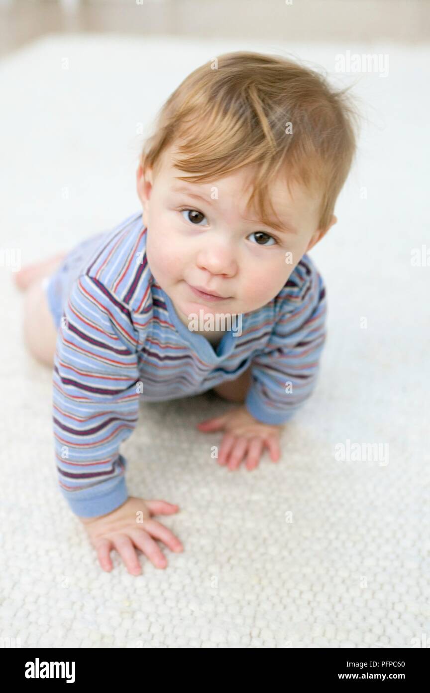 Baby Boy kriechen auf Händen und Knien, bei Camera suchen Stockfoto