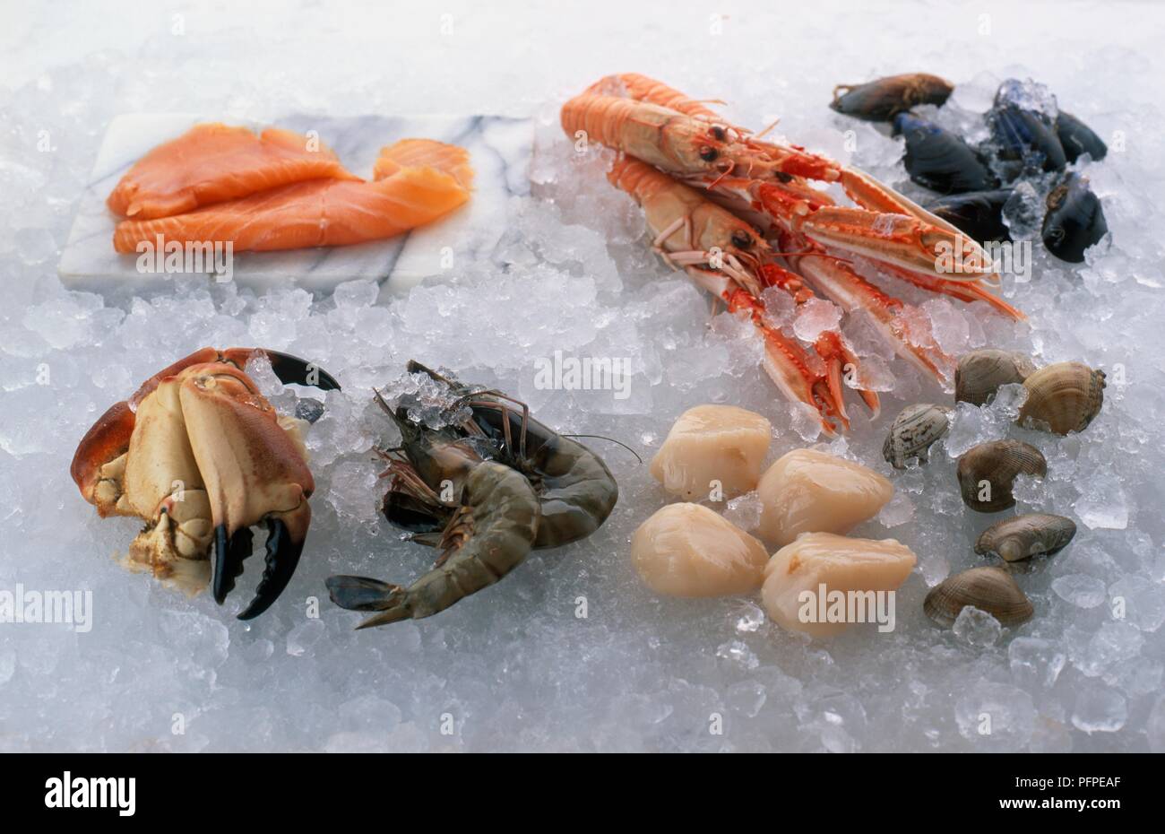 Eine Auswahl an frischen Meeresfrüchten auf Crushed Eis, darunter Krabben, Garnelen, Muscheln, Muscheln, Muscheln, Langusten (Scampi) und geräuchertem Lachs Stockfoto