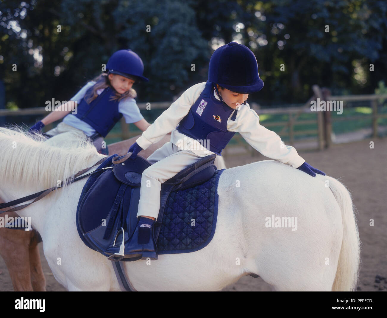 Junge und Mädchen sitzen auf Ponys im Paddock und zurück reichender Schwänze zu berühren Stockfoto