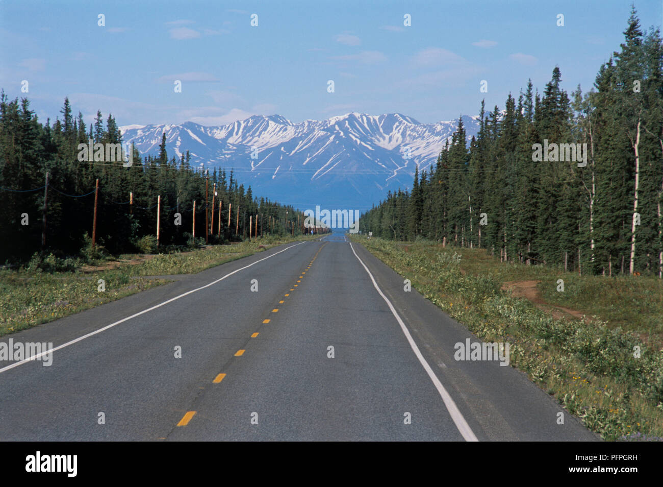 USA, Alaska, von Bäumen gesäumten gerade Alaska Highway mit schneebedeckten Gipfel der Alaska Range Bergkette im Abstand Stockfoto