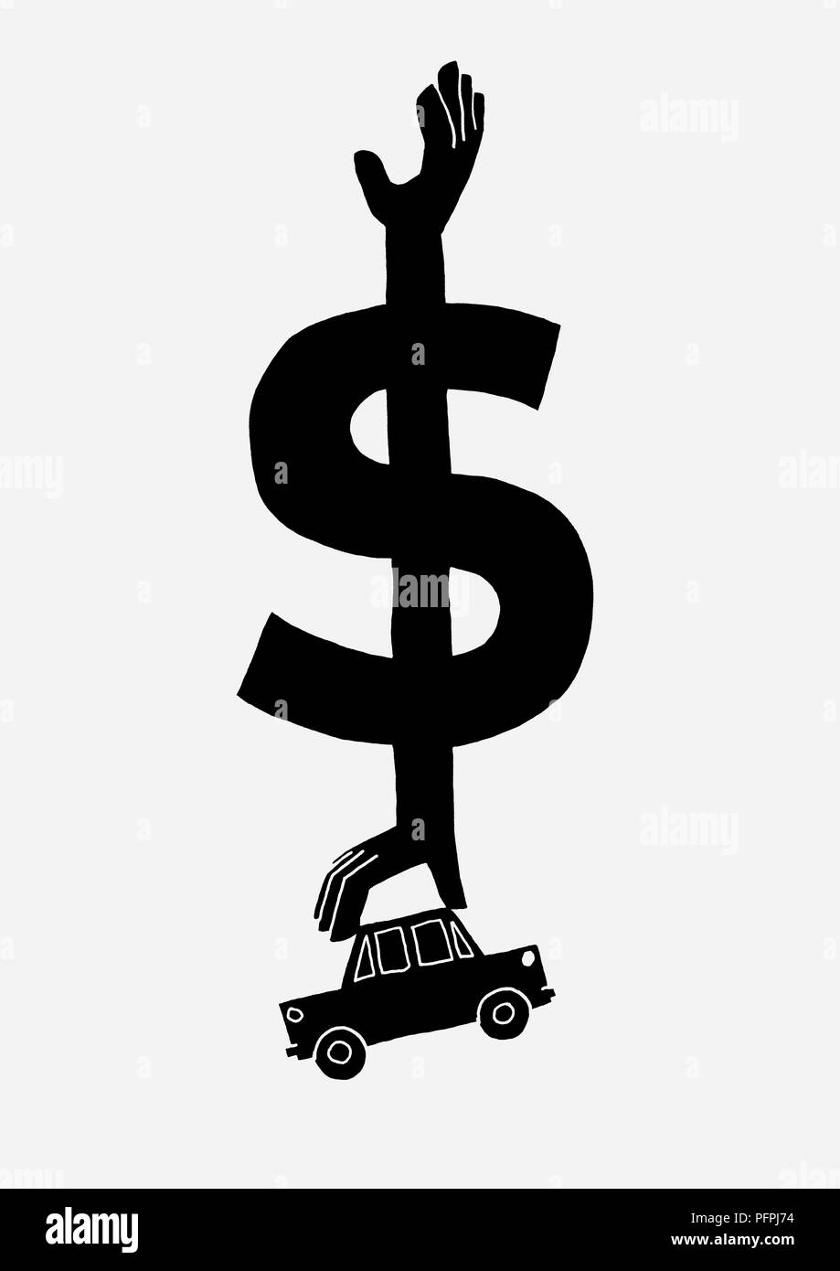 Schwarz und weiß Abbildung: Hände greifen über ein Dollarzeichen, eine Hand ist leer, der andere hält ein Auto Stockfoto