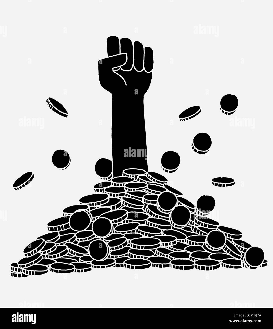 Schwarze und weiße Abbildung des Faust durch Haufen von Münzen brechen Stockfoto