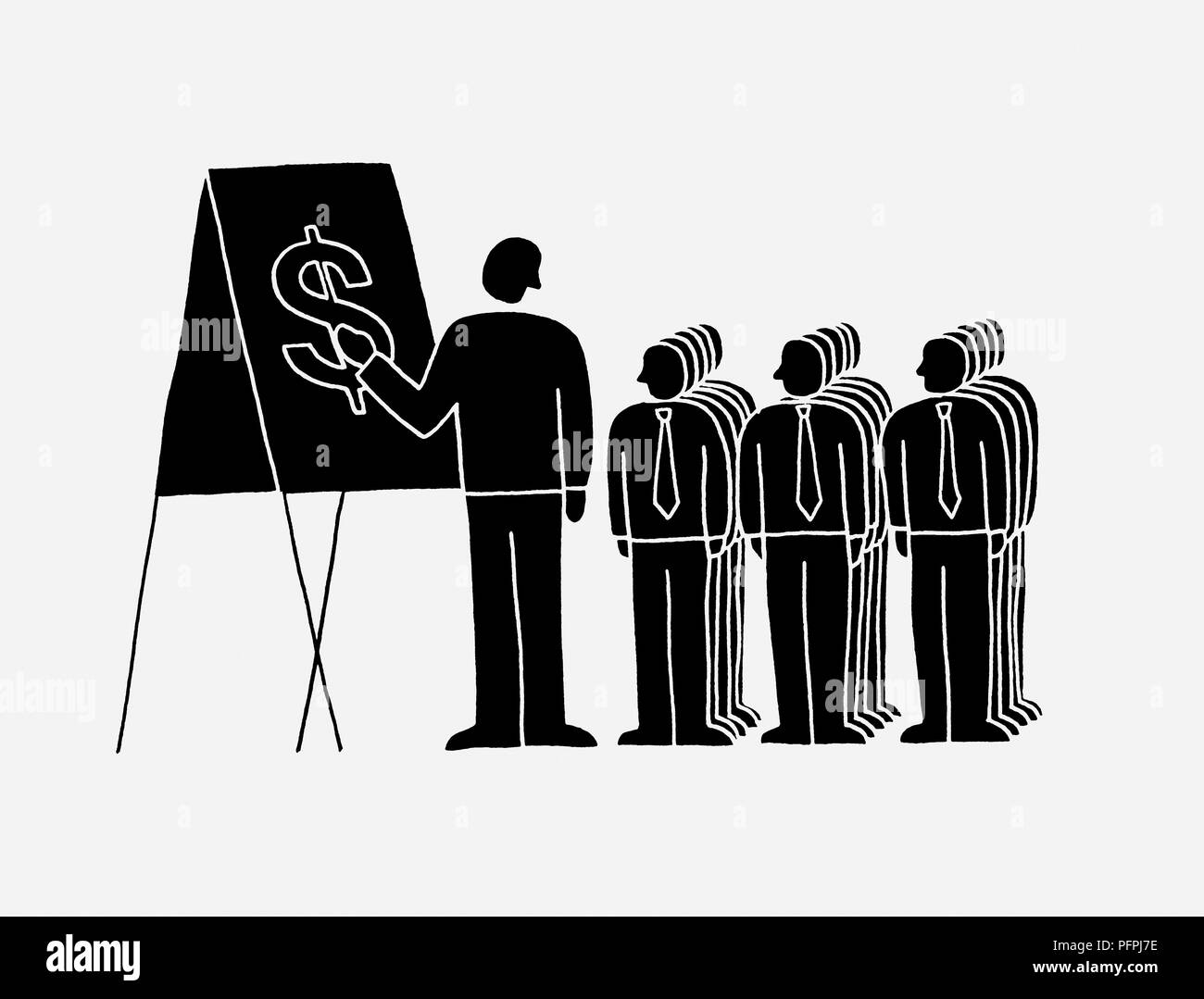 Schwarz und weiß Abbildung: hohe Gestalt, die auf Dollar Symbol auf Flipchart, kleinere Figuren stehen in der Nähe und beobachten Stockfoto