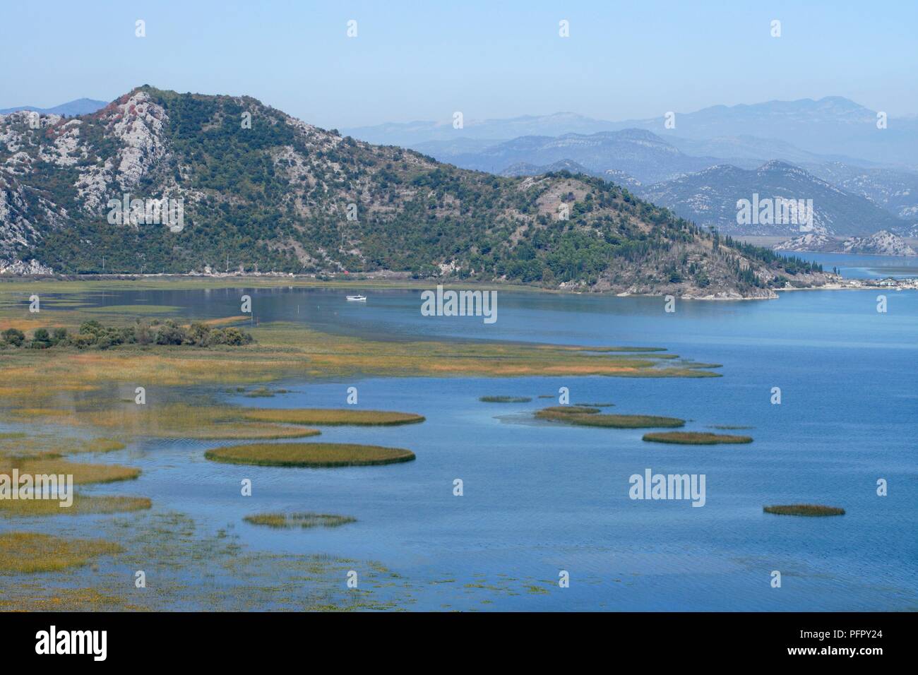 Montenegro, Skadarsee, Aussicht auf den See und die umliegenden Berge. Stockfoto