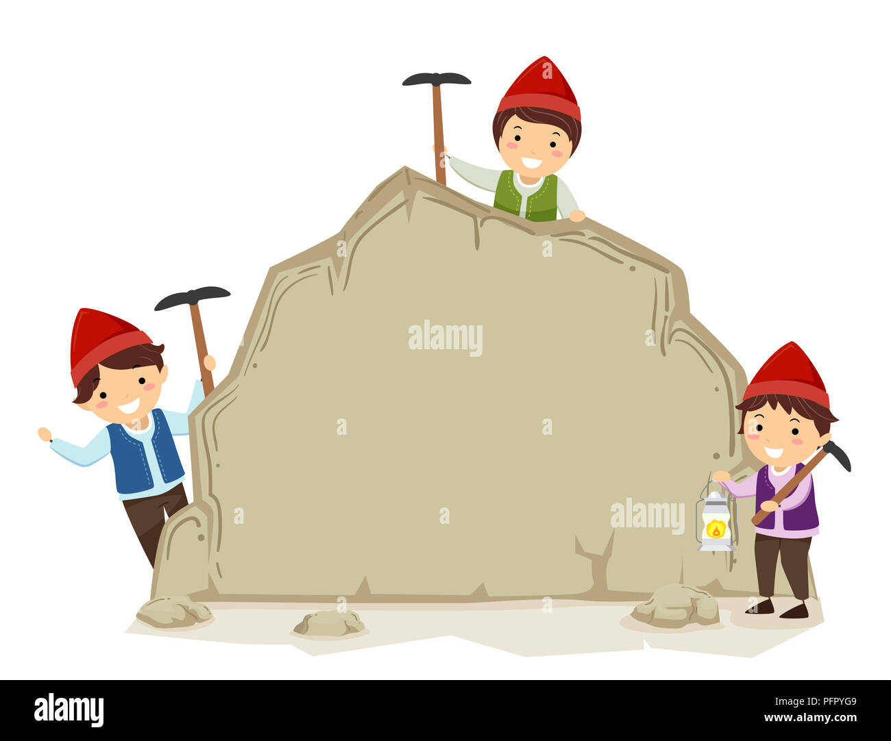 Abbildung: Stickman Kid jungen Zwerg Holding Picks und präsentieren ein Brett Rock Stockfoto