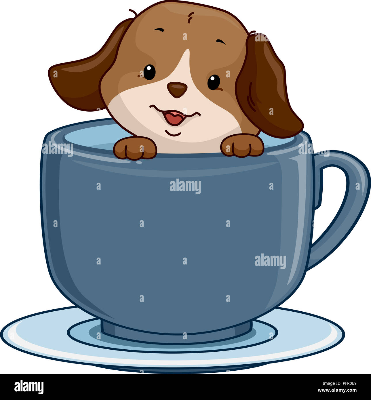 Abbildung: Ein Hund sitzt in einer Schale auf Untertasse. Dog Cafe oder Tee Shop Stockfoto