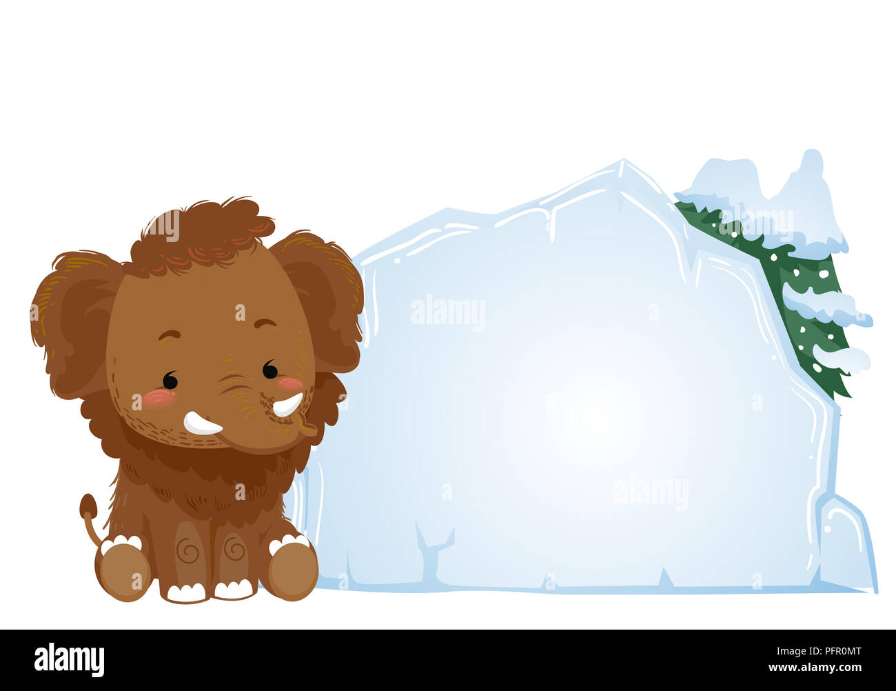 Abbildung eines Mammuts Sitzen neben einem leeren Block aus Eis Board Stockfoto