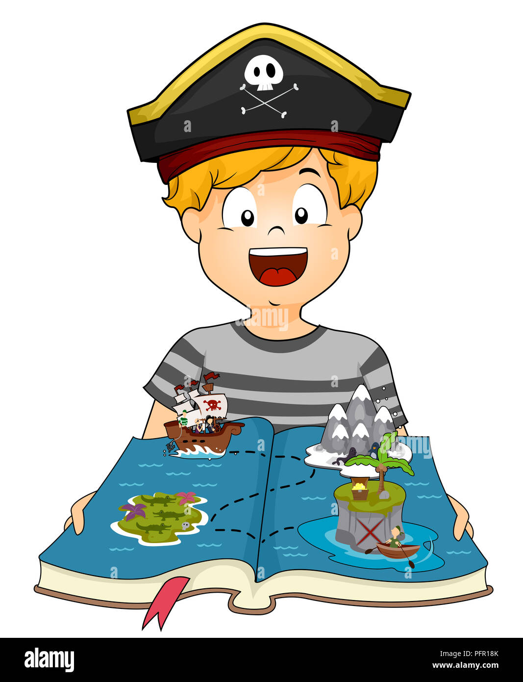 Abbildung: ein Kind Junge tragen ein Kapitän hat und zeigt eine offene Pop-up-Buch mit einem Piratenschiff mit Reisen Karte Stockfoto