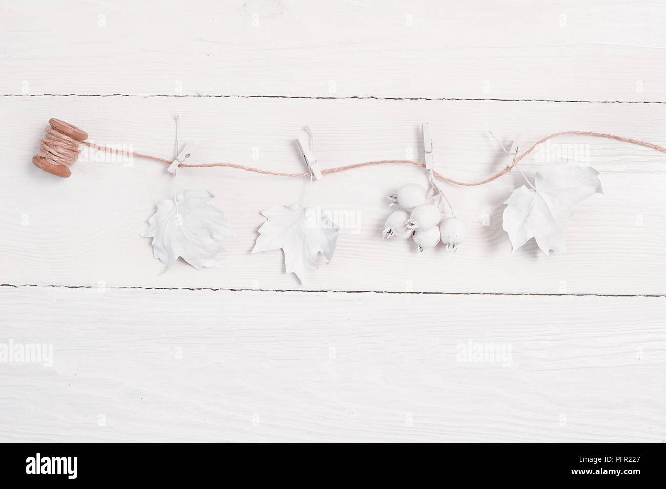 Holz- mockup Herbst Hintergrund mit weißen Kürbis, Beeren, Blätter und Leinen Seil. Grußkarte zum Erntedankfest im rustikalen Stil mit Platz für Ihren Text. Flach. Ansicht von oben Stockfoto
