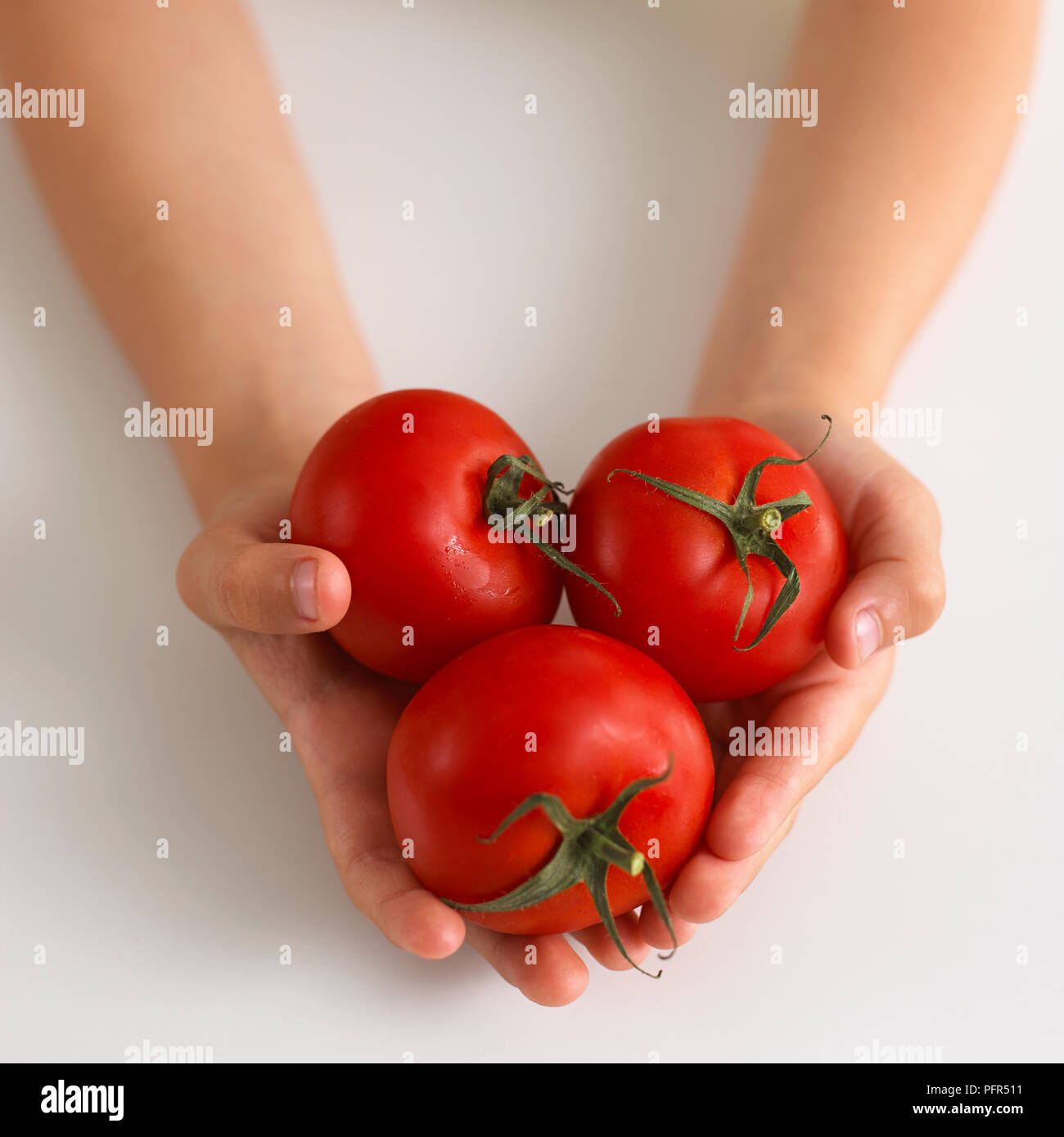 Hält drei Tomaten Stockfoto