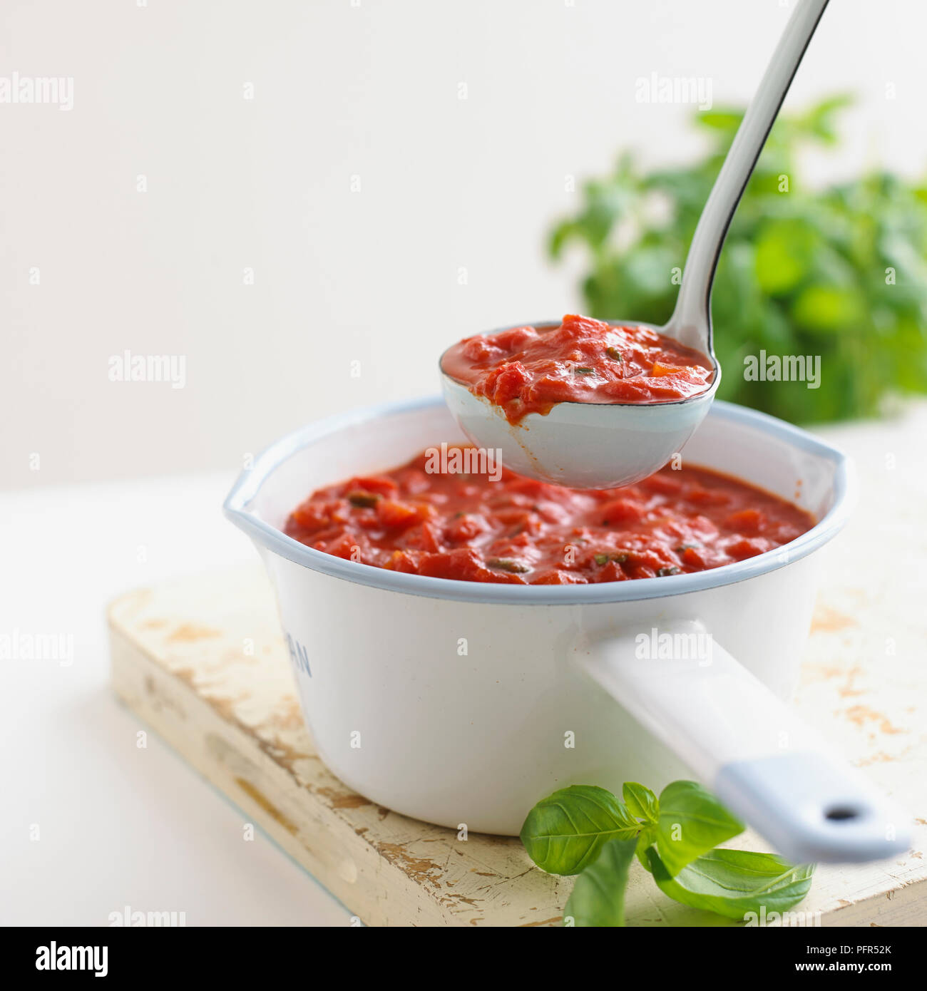 Ladling heraus einen Teil der Tomatensauce aus Topf Stockfoto