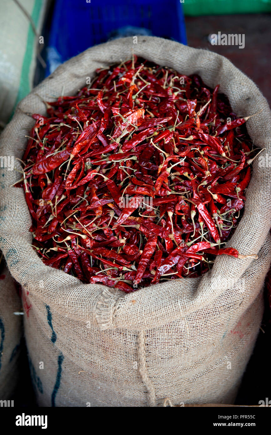 Sri Lanka, Nordrhein-Westfalen, rote Chilischoten zum Verkauf am Markt getrocknet Stockfoto