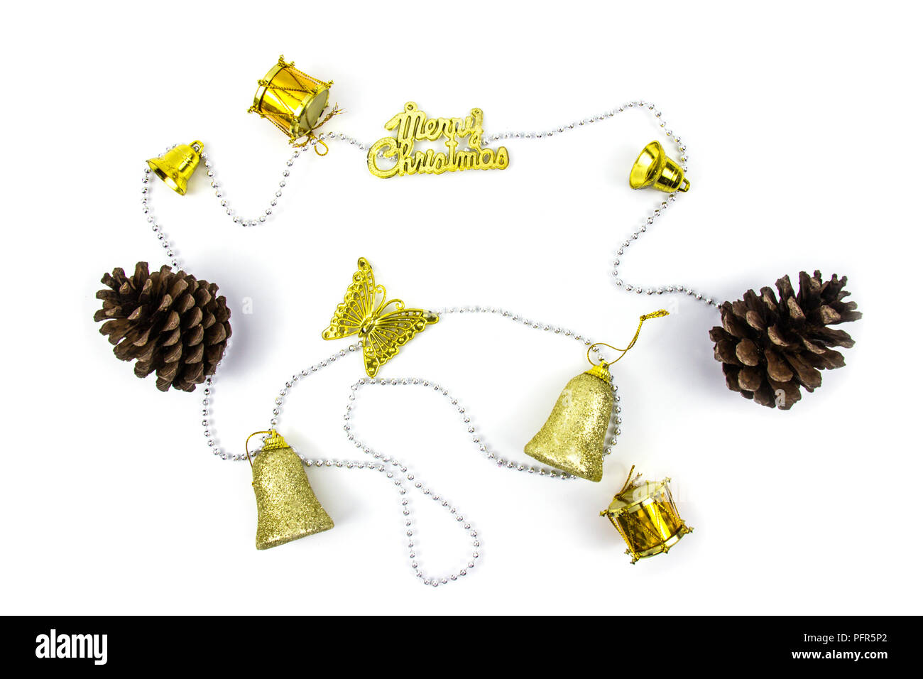 Weihnachten goldenen Dekorationen auf weißem Hintergrund. top View Stockfoto