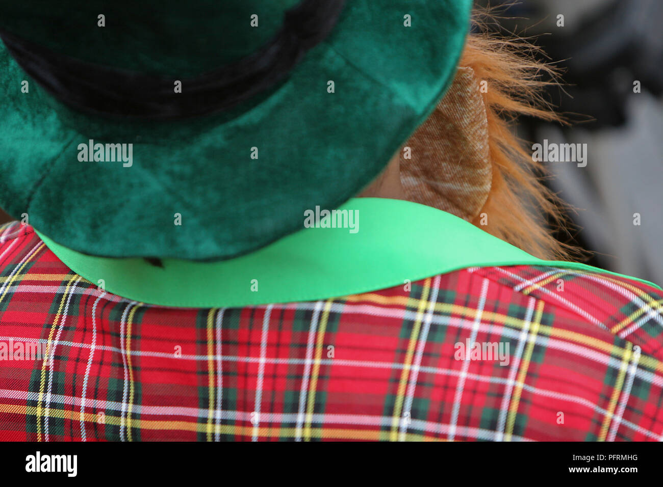Irland, Dublin, St. Patrick's Day, Nachtschwärmer das Tragen von grünen Hut, tartan Jacke und orange fake Bart, Ansicht von hinten Stockfoto