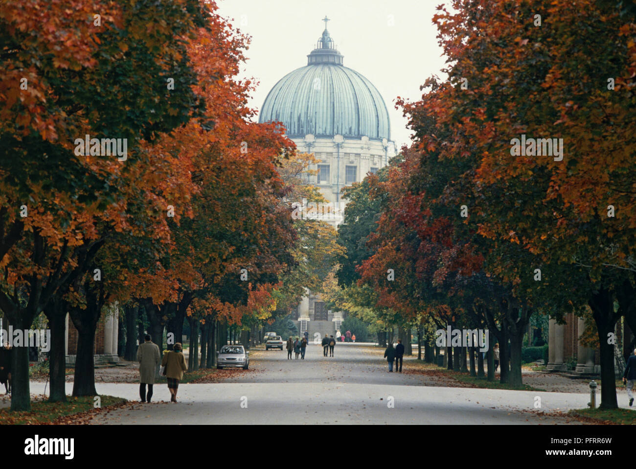 Österreich, Wien, Zentralfriedhof (Zentralfriedhof) Dome im Abstand von Bäumen gesäumten Allee gesehen Stockfoto