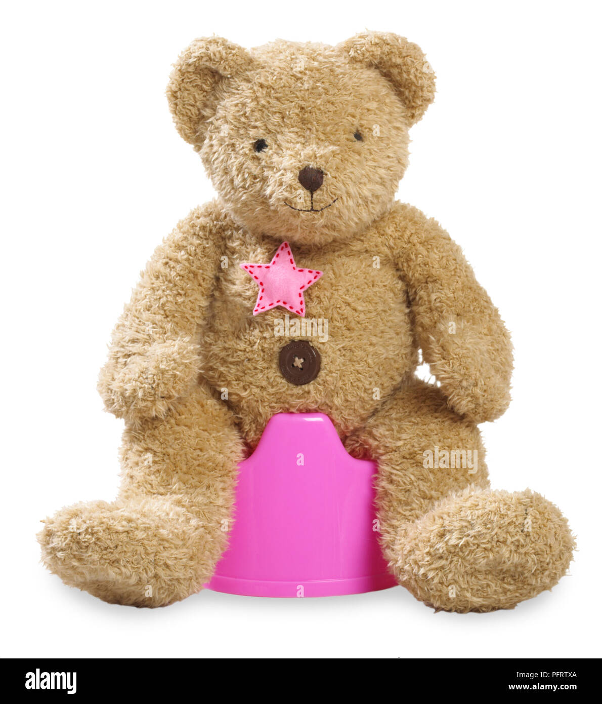 Teddy sitzt auf pink Töpfchen Stockfoto