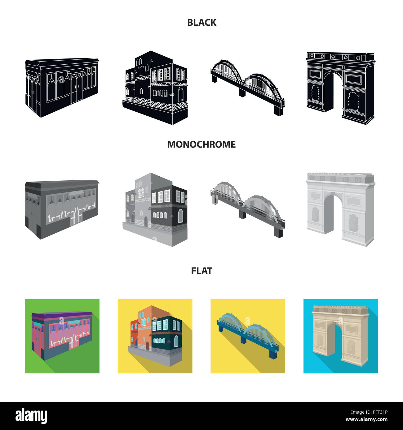 Arc de Triomphe in Paris, verstärkten Brücke, cafe Gebäude, Haus in skandinavischem Stil. Architektur und Gebäude Sammlung Icons in Schwarz, Fla Stock Vektor