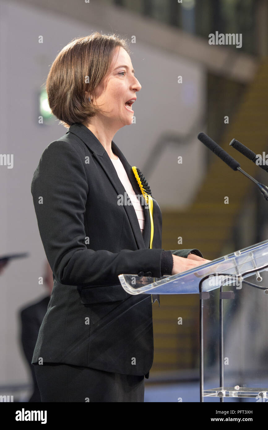 Carol Monaghan SNP Glasgow North West Kandidat gewinnt, Großbritannien Parlamentswahlen, Emirates Sir Chris Hoy Stadion Glasgow, 9. Juni 2017 Stockfoto