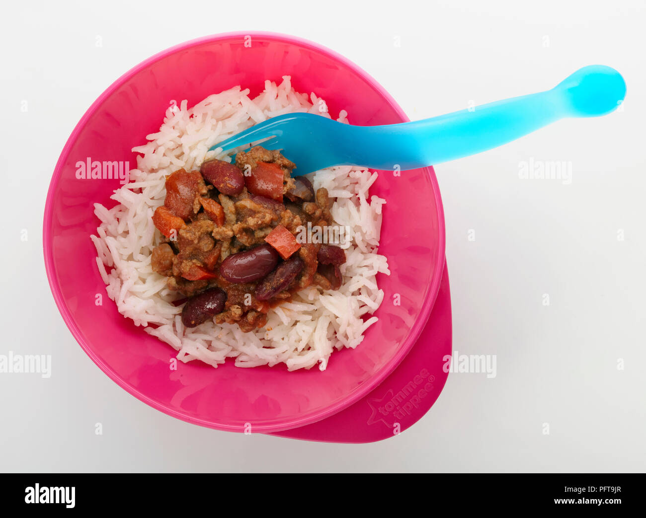 Chili con carne mit Reis, Babynahrung Stockfoto