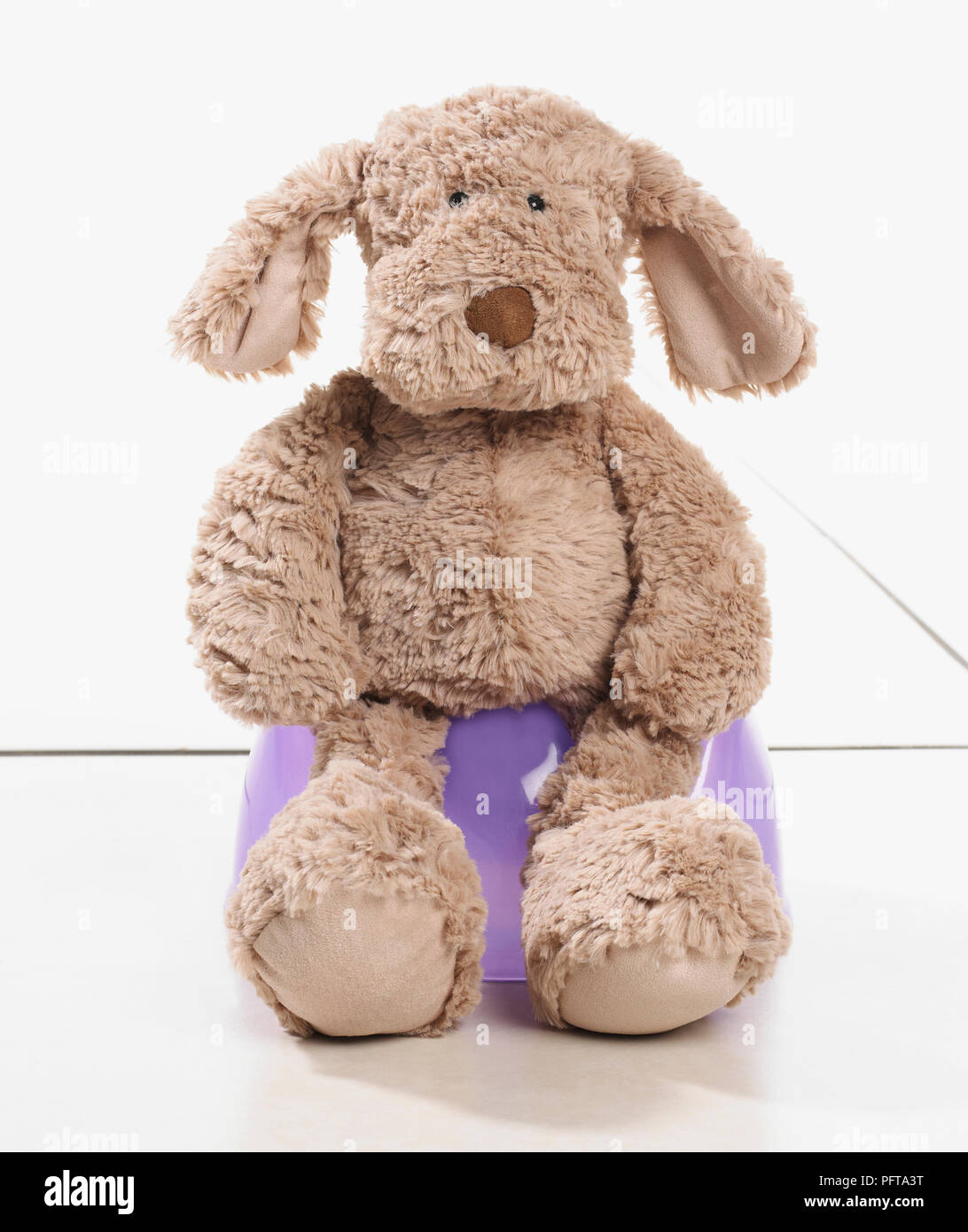 Spielzeug Hund auf lila Töpfchen Stockfoto
