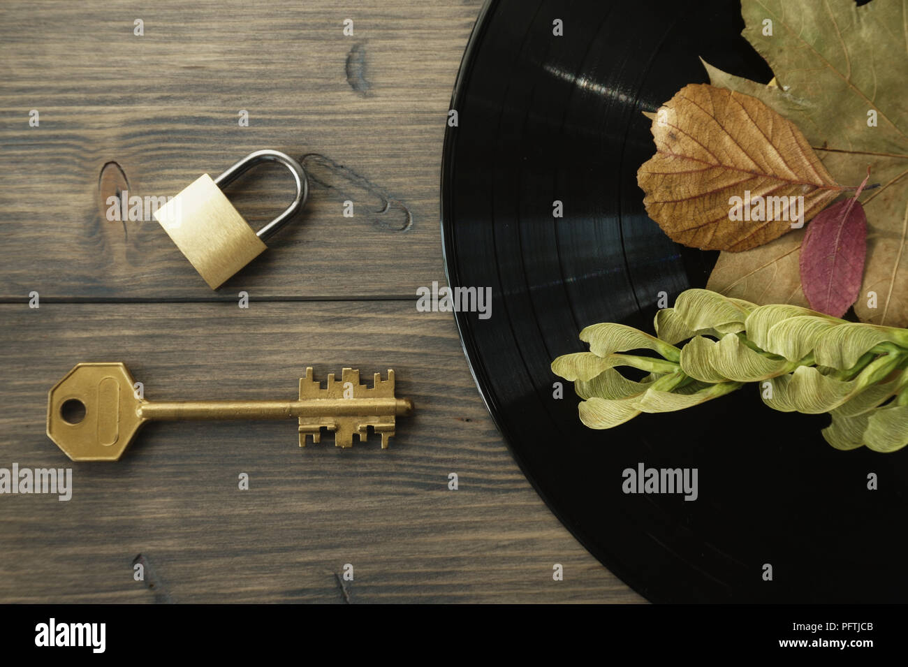 Messing Vorhängeschloss und goldenen Schlüssel neben Vintage vinyl platten auf rustikalen Holz Hintergrund Zugriff auf Audiodateien Konzept mit kostenlose Kopie Raum Stockfoto