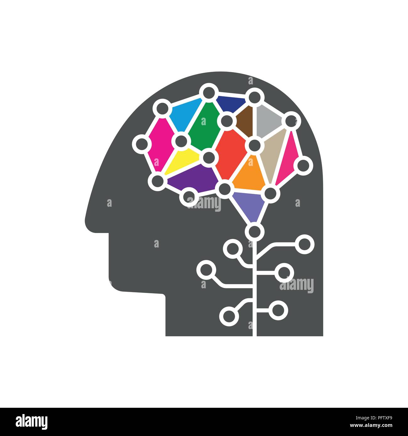 Der künstlichen Intelligenz und des Maschinellen Lernens Logo Konzept. Menschlichen Kopf mit Gehirn Symbol. Vektor symbol AI. Gehirn Logo Vorlage Stock Vektor