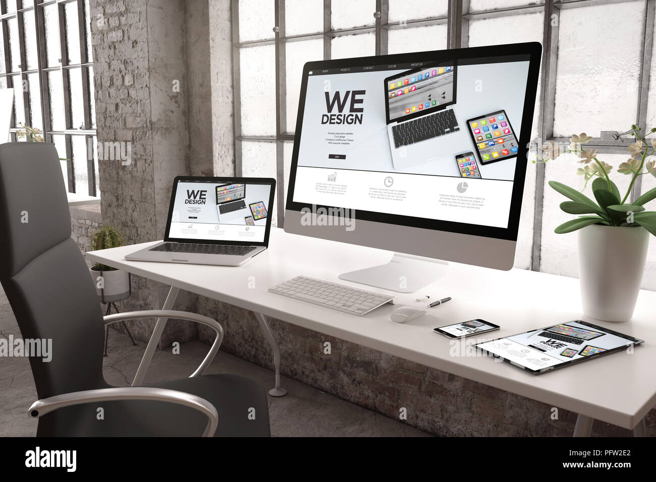 3D-Rendering des gewerblichen Büro mit Geräten mit Schnittstelle Web site Design Stockfoto