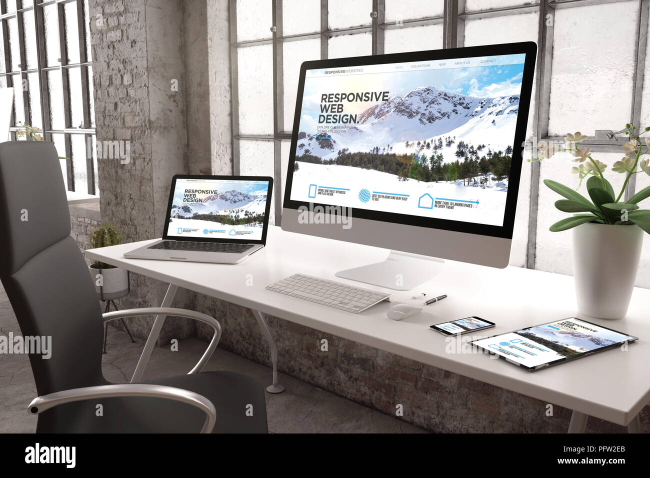 3D-Rendering des gewerblichen Büro mit Geräten mit reaktionsschnellen website design Stockfoto