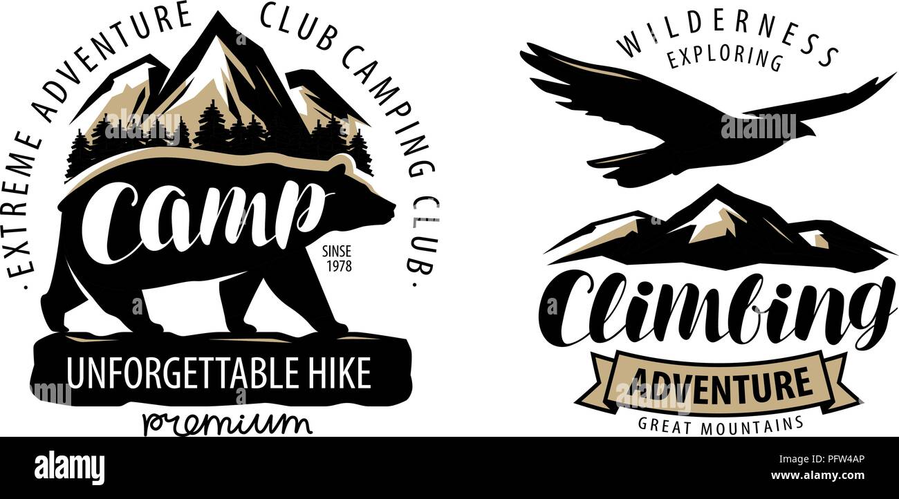 Camping, Klettern Logo oder Label. Wandern, zelten Emblem. Vintage Vektor Stock Vektor