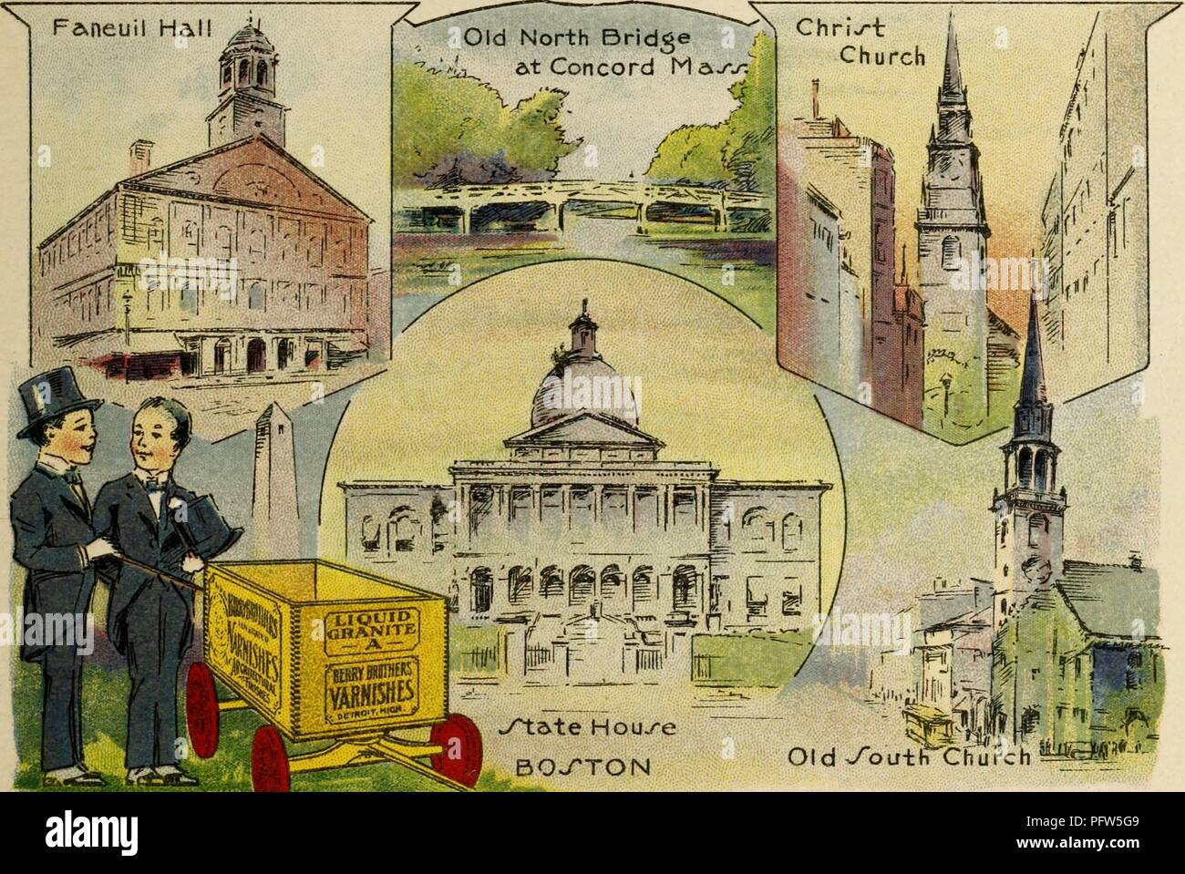 Farbe Abbildung: Darstellung mehrere Bilder von Boston und Concord, Massachusetts, einschließlich "Faneuil Hall", "Old North Bridge an der Übereinstimmung der Masse", "Christ Church", "Old South Kirche", und Boston's 'State House", zusammen mit dem gleichnamigen Zeichen, tragende schwarze Schwänze, Dachhauben, stehend in der Nähe von einem Wagen der Werbung" Berry Brothers Lacke, 'von der Lautstärke der Kinder sehens Amerika zuerst: Mit dem Berry Brothers, 'von Eleanor Colby verfasst und durch FW Pfeiffer, 1917 dargestellt. Mit freundlicher Genehmigung Internet Archive. () Stockfoto
