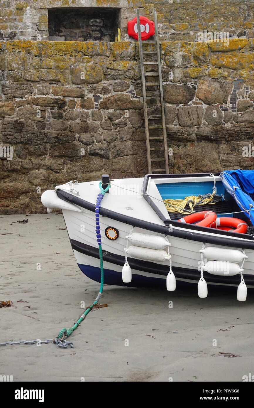 Ein kleines Boot auf den schlammigen Boden eines kleinen Hafen bei Ebbe, neben einer Leiter den Hafen Wand Stockfoto