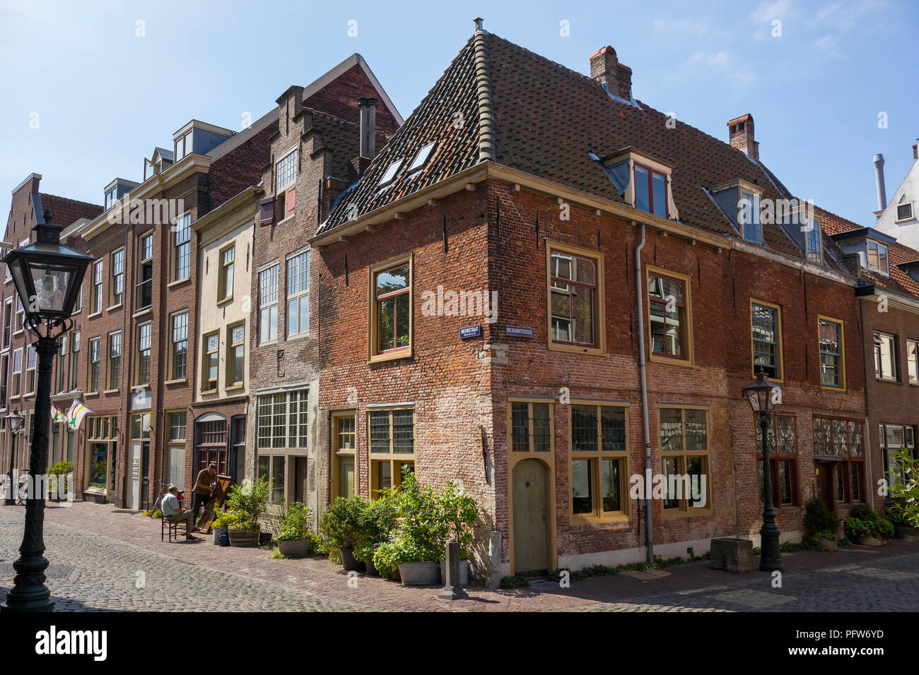 Leiden, Niederlande - 17 Juli 2018: Leiden amerikanischen Pilgerväter Museum an der Ecke des Beschuitsteeg in Leiden Stockfoto