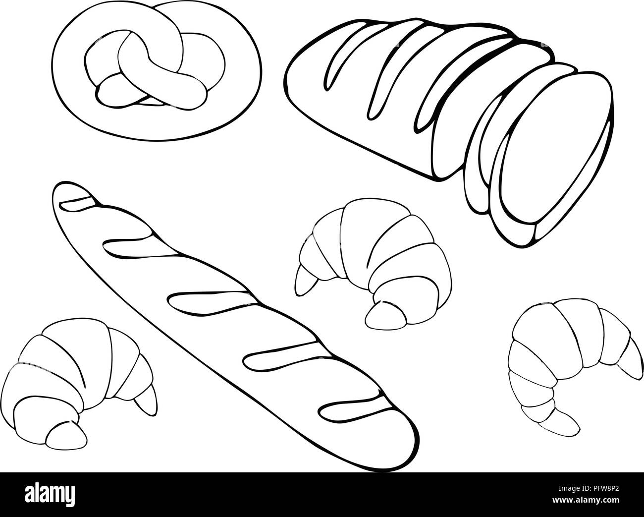 Brot Raster Hand gesetzt Abbildung gezeichnet. Glutenfreie Lebensmittel Bäckerei Sammlung. Auf weissem Hintergrund. Stockfoto