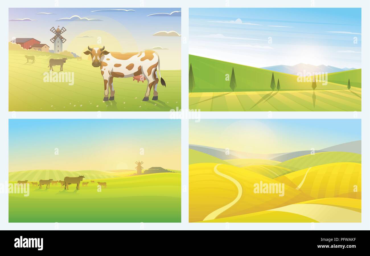 Ländliche Landschaft oder Wiese. Agrar Landwirtschaft. Vector Illustration. Poster mit Landschaft, retro Dorf für Grafik für Websites. Mühle und Heu. Stock Vektor