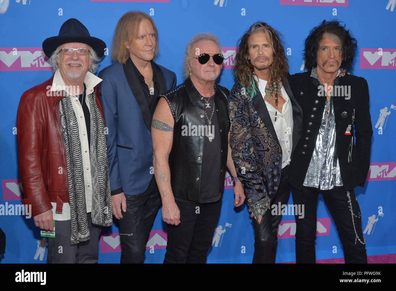 Aerosmith - Steven Tyler, Tom Hamilton, Joey Kramer, Joe Perry und Brad Whitford nehmen an der 2018 MTV Video Music Awards in der Radio City Music Hall auf Au Stockfoto