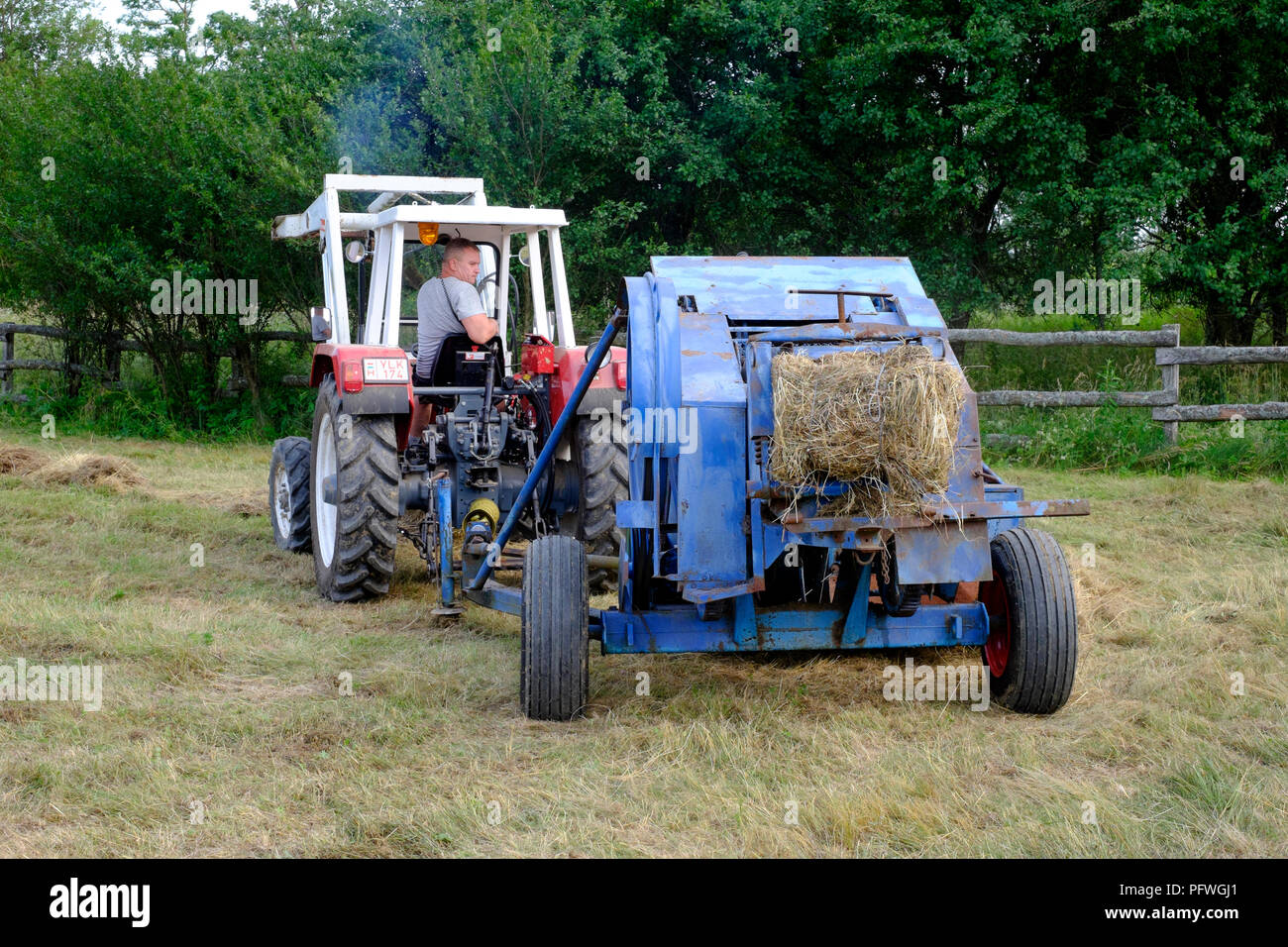 Mann, der den traktor steyr 650 und eine generalüberholte alte Ballenpresse zum Sammeln und Ballen von Heu in einem Landkreis zala in ungarn verwendet Stockfoto