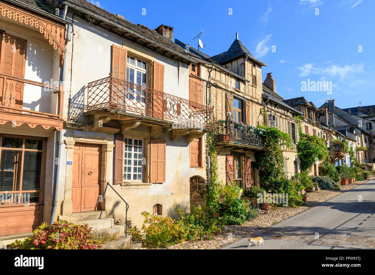 Frankreich, Aveyron, Najac, beschriftet Les Plus beaux villages de France (Schönste Dörfer Frankreichs), Häuser auf der Rue du Faubourg // Frankreich, Stockfoto