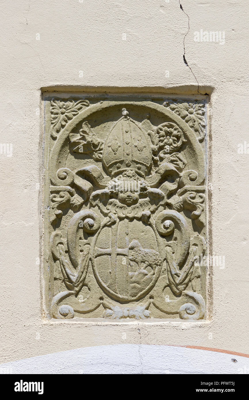 Wappen in der Altstadt, Isny, Allgäu, Baden-Württemberg, Deutschland Stockfoto