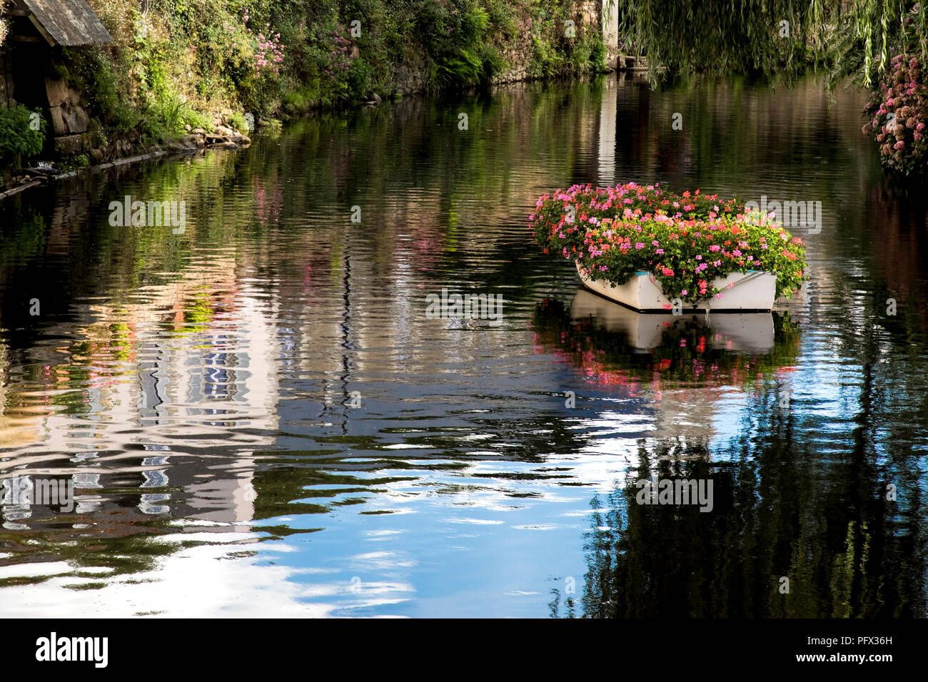 Boot gefüllt mit Blumen in einem Fluss von einer wunderschönen Natur umgeben. Stockfoto