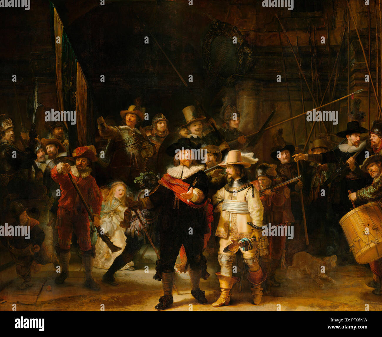 Rembrandt Harmenszoon van Rijn, 1606-1669, deutscher Künstler. Miliz Unternehmen von Bezirk II unter dem Kommando von Kapitän Frans Banninck Cocq. Als Wächter der Nacht bekannt. Rijksmuseum, Amsterdam, Niederlande. Stockfoto