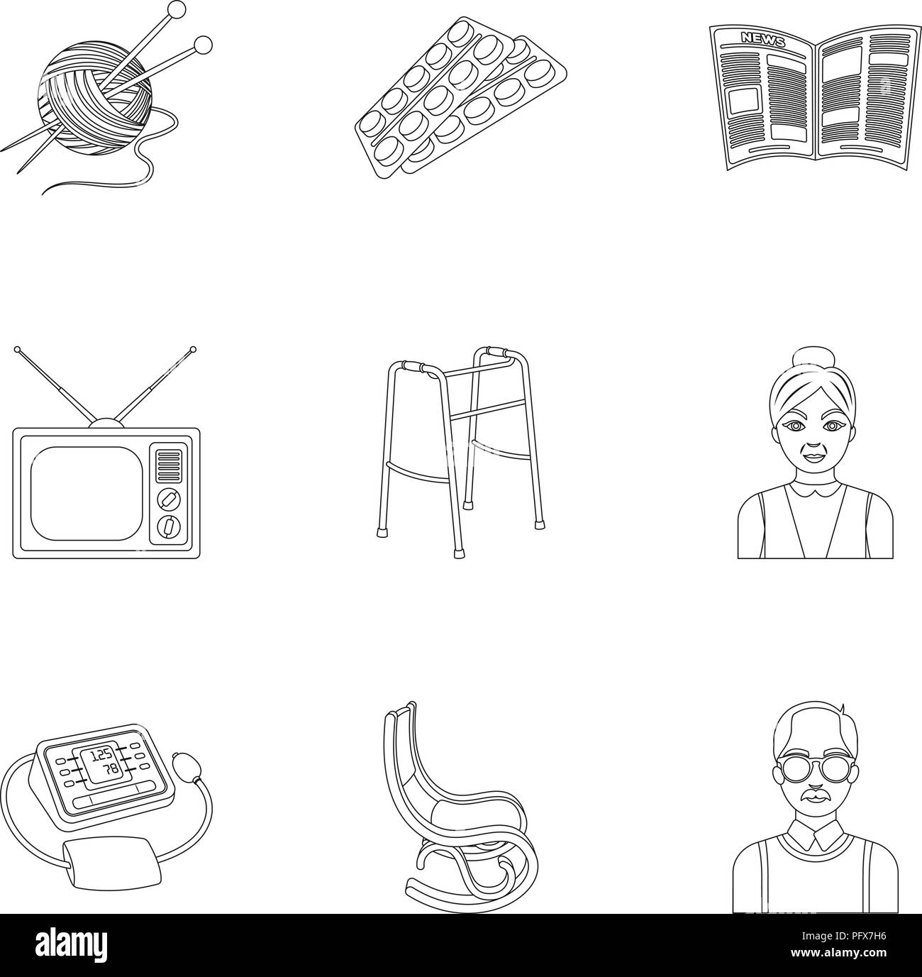 Alter Aids Antenne Antibiotikum Sessel Aspirin Attribute Vogel Sammlung Taubheit Glas Glaser Horen Hobby Icon Illustration Ungultig Isoliert Stricken Logo Lotorrhea Mensch Medizin Alte Outline Taube Pillen Prothese Rest