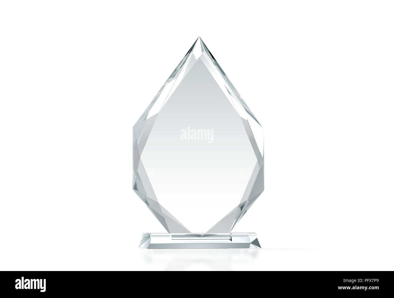 Leerer Pfeil Form Glas Trophäe Mockup, 3D-Rendering. Leere Acryl award Design mock up. Transparenter Kristall Preis platte Vorlage. Premium Grand Prix hebeln Plakette, auf weissem, Frontansicht isoliert. Stockfoto