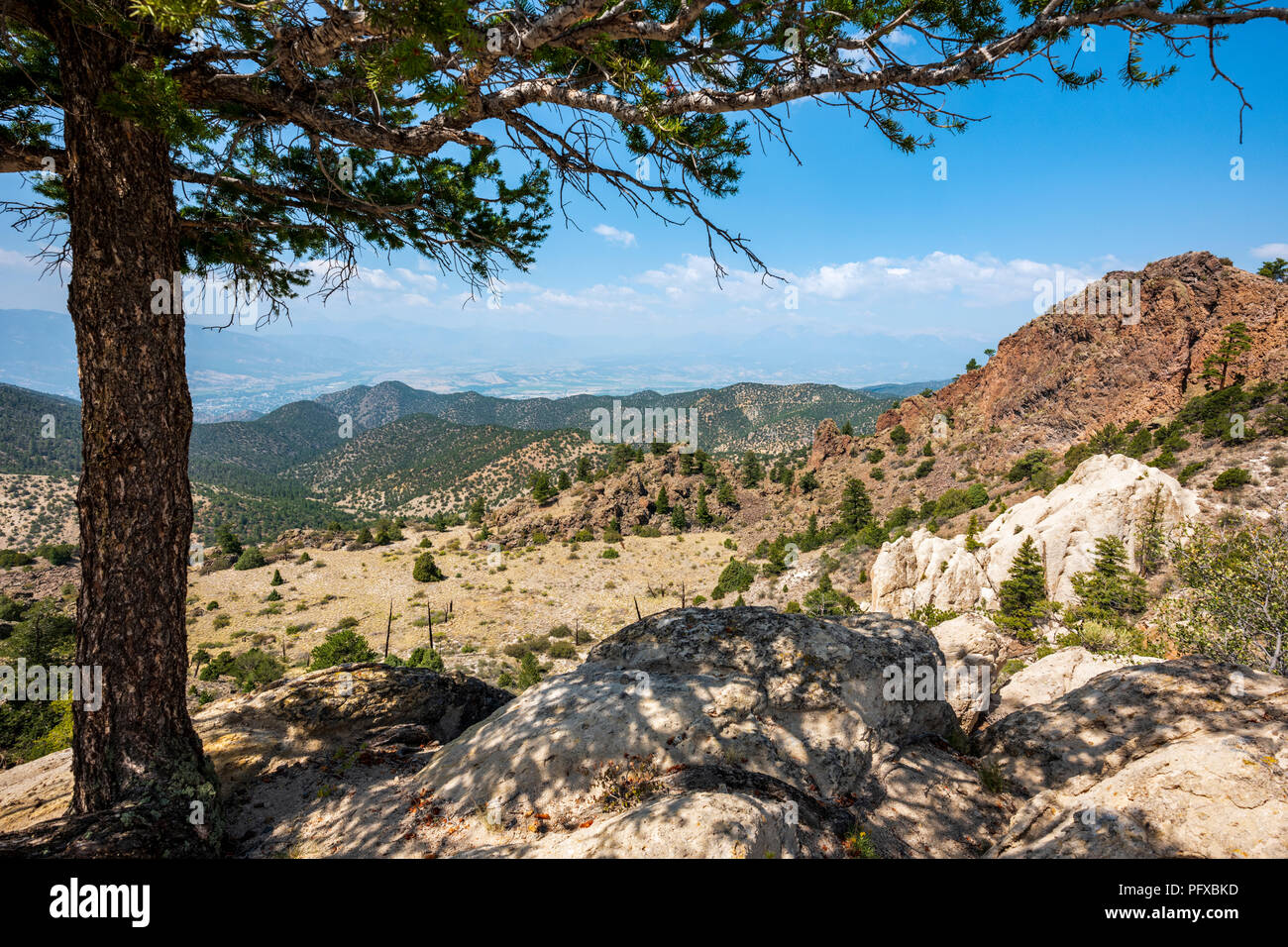 Hoher Aussichtspunkt Blick auf den Wald Brand Rauch; Stadt von Salida; Arkansas River Valley & Rocky Mountains über aus dem Krater; USA Stockfoto
