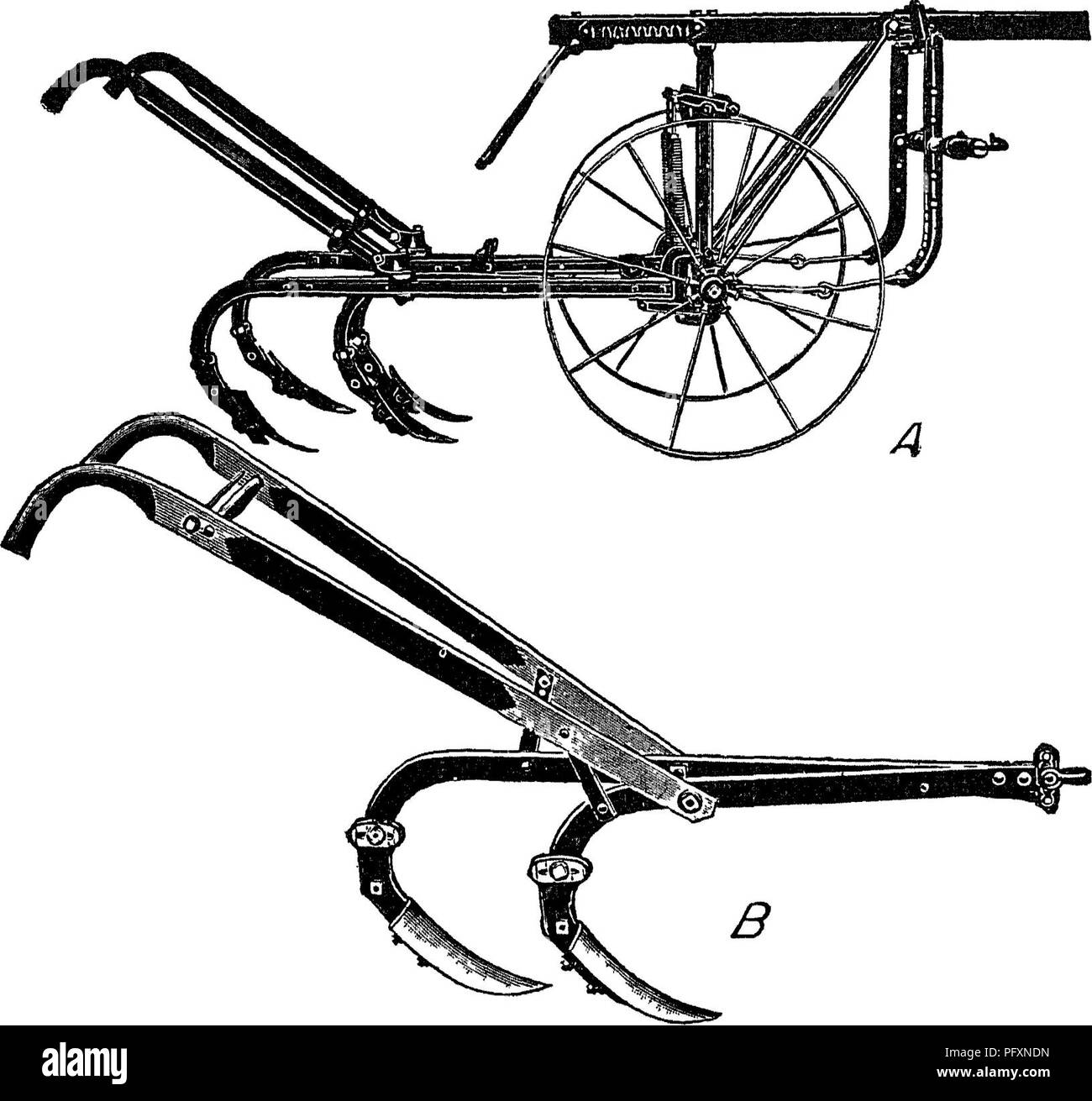 . Produktiven Böden; die Grundlagen des erfolgreichen Bodenbewirtschaftung und profitable Produktion. Böden. 166 harken und Bodenbearbeitung töten unausstehlich Unkraut in der dritten Art und Weise im Sommer folgenden, quack Gras und Kanada Disteln besonders. Anbau Feuchtigkeit zu konservieren sollte getan werden, bevor das Land ist erlaubt, um zu trocknen. Eine gute Laubdecke sollte zu Beginn der Trockenzeit vorbereitet werden.. Abb. 110 - zwei andere Arten des Gehens kultivatoren ein, vier - Schaufel, B, zwei - Schaufel cultiva - Tor, oder Schaufel Pflug JS ist eine Bodenfräse, häufig im Süden Ernten auf schweren Böden verwendet werden am besten kultiviert, Especiall Stockfoto