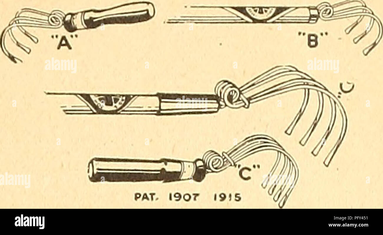 . Currie's Farm und Garten jährliche: Frühling 1925 50. Jahr. Blumen Samen Kataloge, Leuchtmittel (Pflanzen) Samen Samen Kataloge Kataloge; Gemüse; Baumschulen (Gartenbau) Kataloge; Pflanzen, Zierpflanzen Kataloge; Gartengeräte und Zubehör Kataloge. 5-Zahn mit 5-ft. Griff. $ 1.30. 7-Zahn mit 5-ft. Griff, $ 1,65. Die LIBERTY^ OULTIVATOR - WEEDER. Hat die Bodenfräse Zähne so angeordnet, dass Sie absolut alle - Unkraut schnitt. Schnell verstellbar für den Abstand zwischen den Reihen. Kein Druck auf den Griff ist erforderlich. Ad. justable - Minimale Breite, 4 Zoll; maximale Breite, 10 Zoll; middl Stockfoto