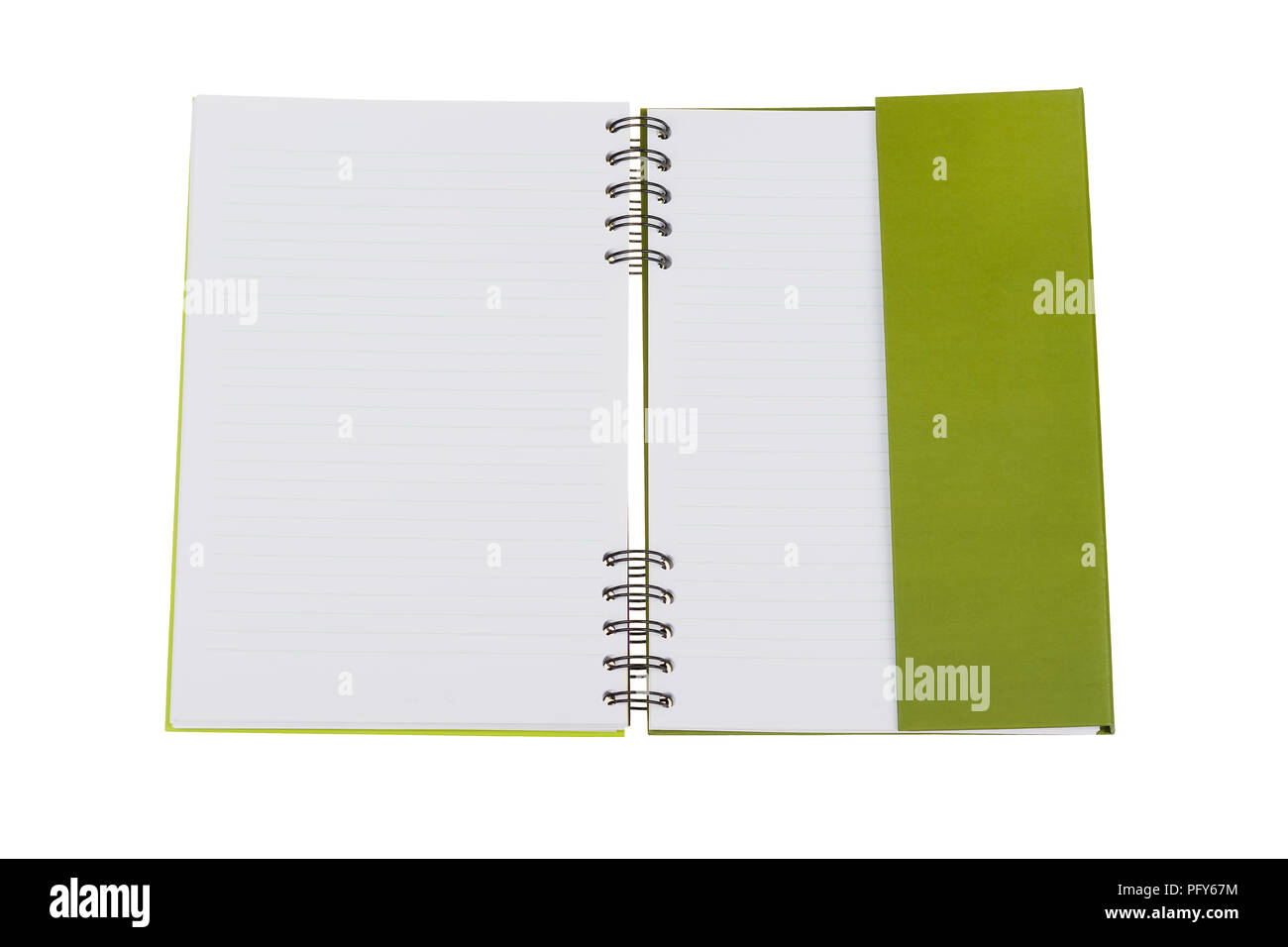 Geöffnet notebook auf weißem Hintergrund mit Freistellungspfad isoliert. Mockup. Stockfoto