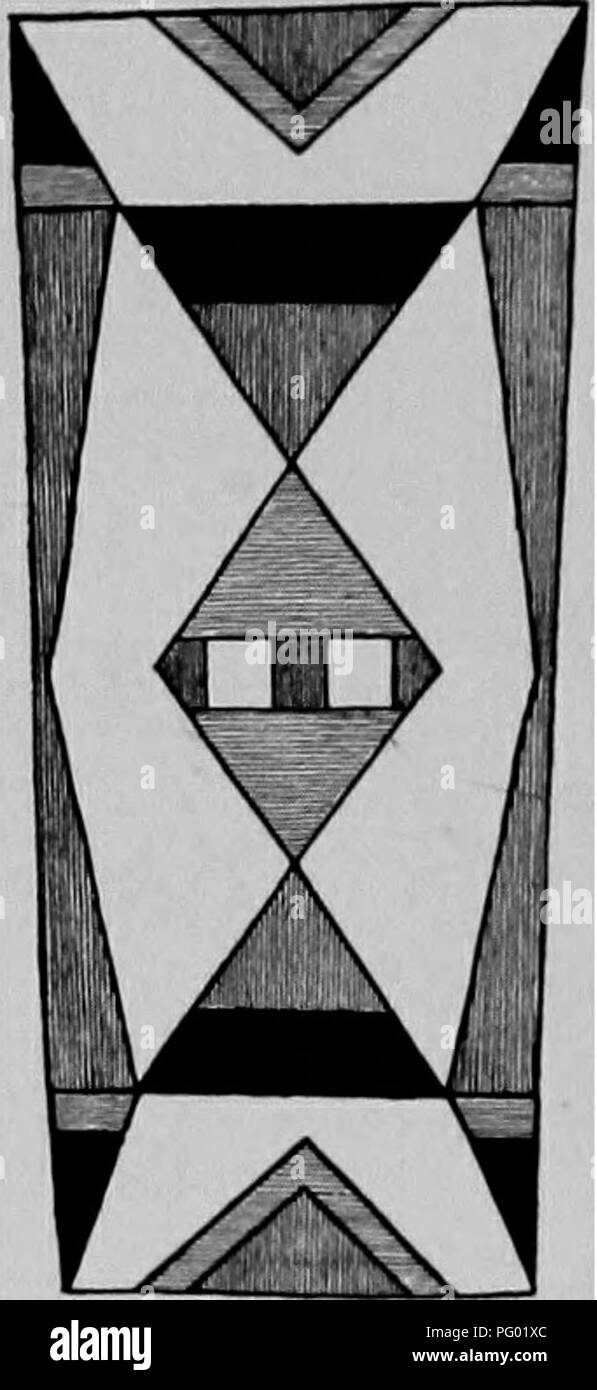 . Der Arapaho. Arapaho Indianer; Arapaho Kunst; Symbolik in der Kunst; Bild - schreiben, Inder, Indianer Nordamerikas; Indianer Nordamerikas. 134 Bulletin American Museum of Natural History. [Vol. XVIII, zwei oder drei Reihen von Zelten. Diese sind in den Farben Rot, Schwarz und Gelb, - der nur Farben, die auf die Medizin zu Fällen verwendet werden, manchmal sogar das Gelb ist ausgelassen. Abb. i der Platte XXV zeigt einen solchen Fall. Die obere Abdeckung ist eine Konstruktion, die als vier Zelte oder als der Morgen betrachtet werden können - Stern Kreuz. Eine zweite Art von Design auf Medizin - Fällen ist in Abb. 1 gezeigt. 2 der Platte XXV. Die Symbolik der t Stockfoto