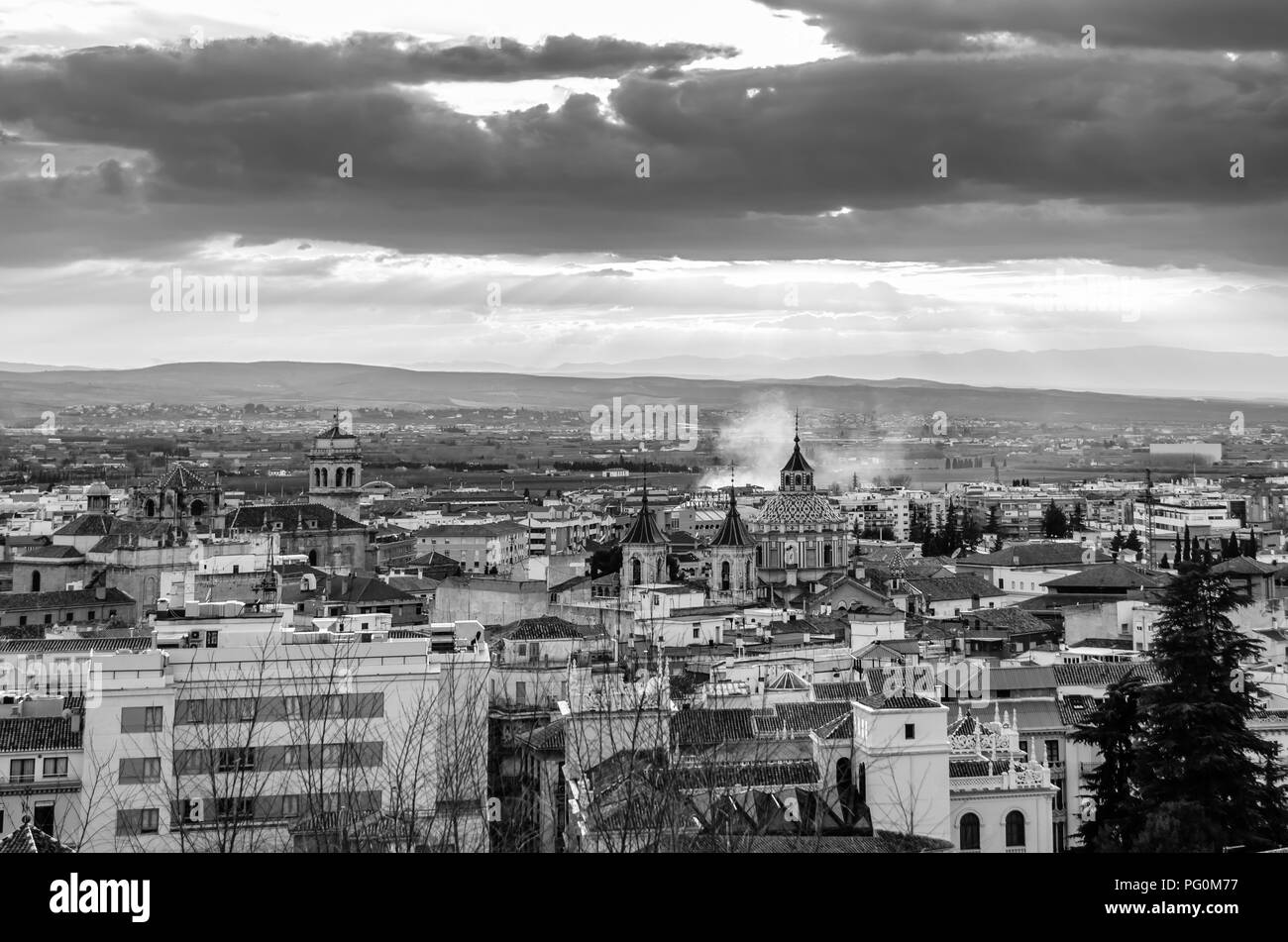 Städtische Landschaft, Granada, Andalusien, Südspanien, Schwarz/Weiß-Bild Stockfoto