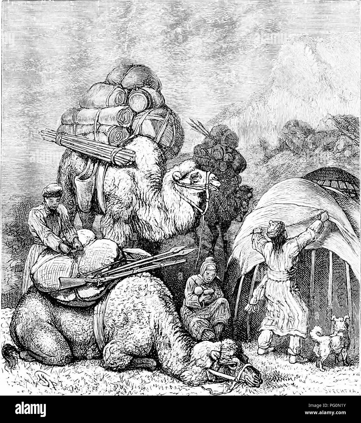 . Vom Nordpol zum Äquator: Studien des wilden Lebens und Szenen in vielen Ländern. Das Verhalten der Tiere; Vögel; Tundren; Ethnologie; Vögel. Die nomadischen Hirten und Herden OE DIE STERPES. - 4 G7 im Laufe eines Tages; wenn seine Last rutscht, es selbständig stoppt. Mit einem Reiter Es aloout dreißig Meilen ein Tag abdecken kann; mit einem Gewicht von acht cwts. auf seinem Rücken und zwingen ihn zu einer langsamen, aber schreitenden Schritt, sollte es verwalten Mindestens die Hälfte dieser Entfernung. Es streift Fast. -^?^) ^..^.^^.,''^: Abb. 68. âKirghiz mit Kamelen. immer in der Nähe der Jurte, in Gesellschaft mit all seinen Stipendiaten der Aul, und in den Augen der Stockfoto